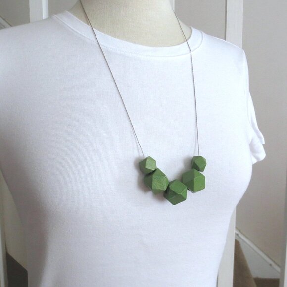 Silver and Lime Green Geometric Wood Bead Modern Bohemian Long Necklace - Picture 1 of 4